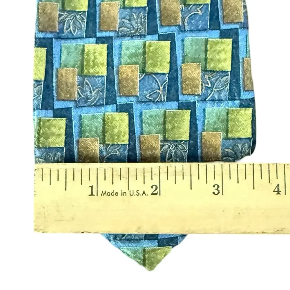 Vintage 90s Ermenegildo Zegna Blue Green Tan Squares 100% Silk Necktie Tie